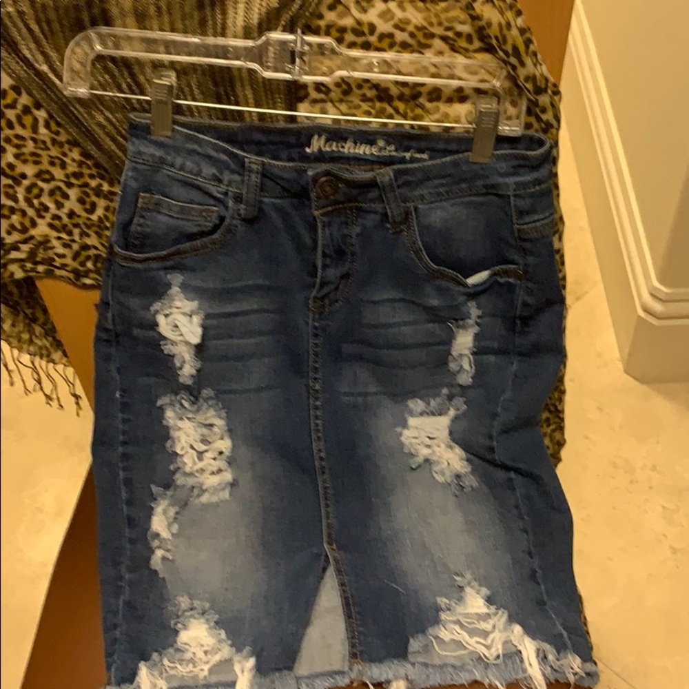 Distressed blue jean skirt